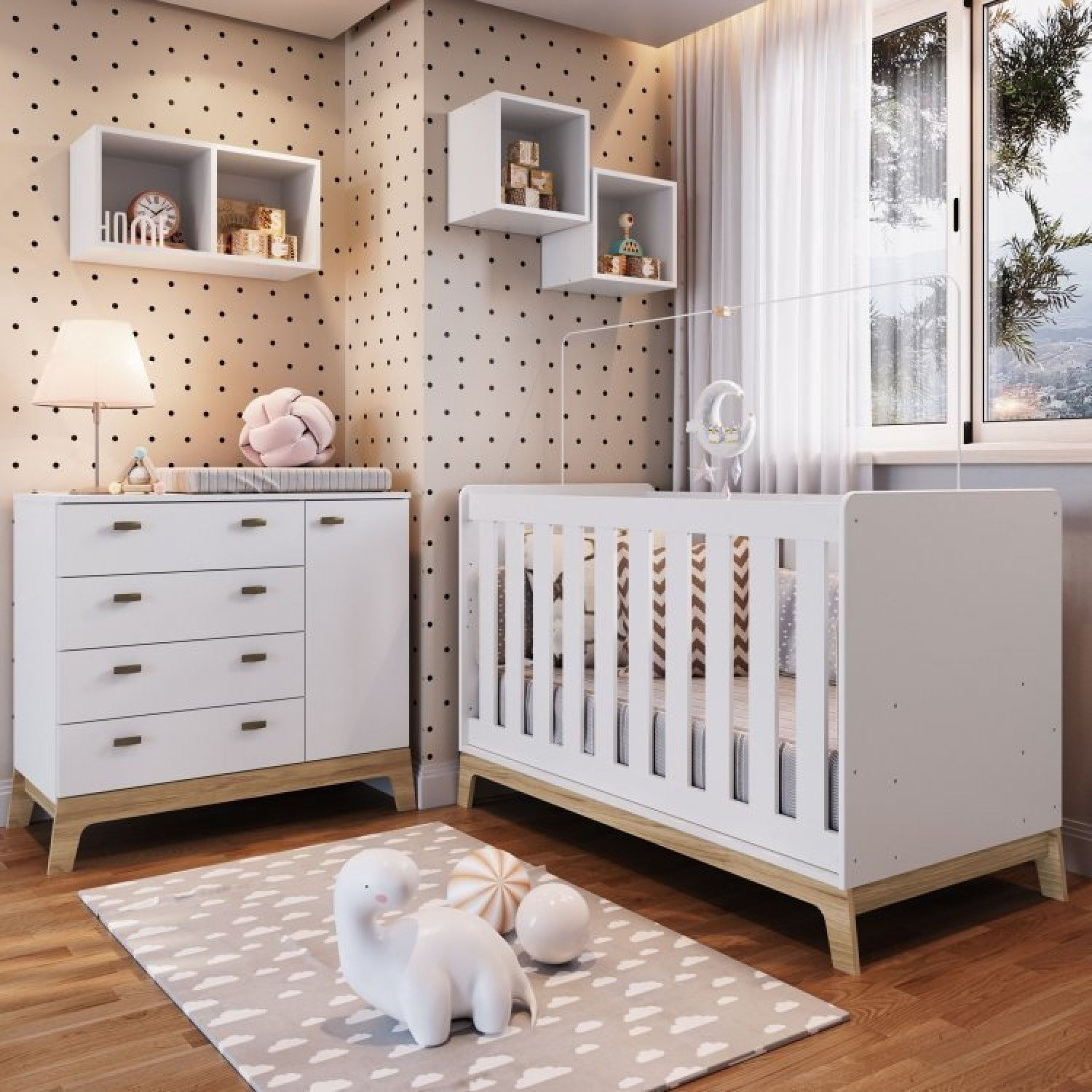 Quarto De Bebê 5 Peças Com Berço 3 Em 1 Cômoda E Nichos Favo De Mel Completa Móveis