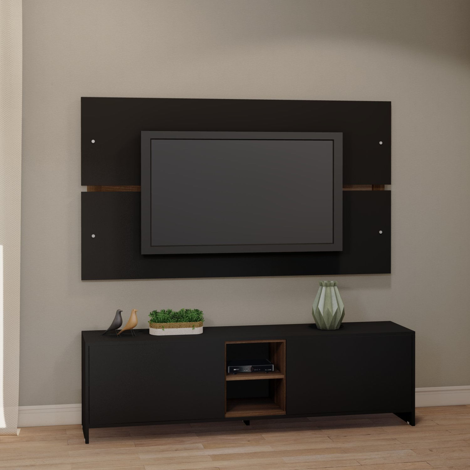 Rack Com Painel Para Tv Até 65 Polegadas 2 Portas 2 Nichos 160cm Londres Estilare Preto E Madeirado