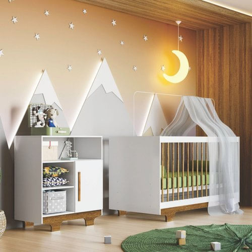 Quarto de Bebê com Berço Minicama e Cômoda Flocos Tigus Baby Off White/Ypê