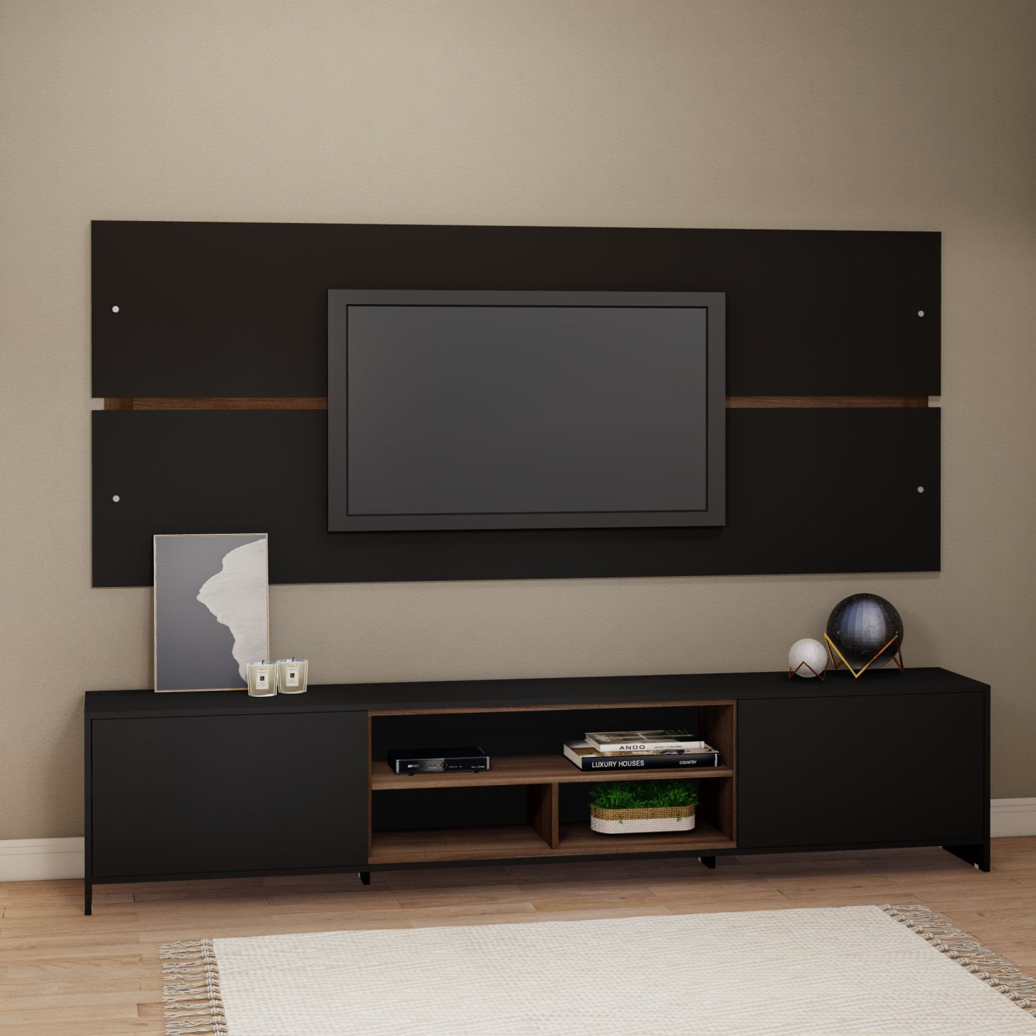 Rack Com Painel Para Tv Até 65 Polegadas 2 Portas 3 Nichos 220cm Milão Estilare Preto/madeirado