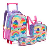 Kit Mochila Rodinha Lancheira Estojo Infantil Pop It Sorvete