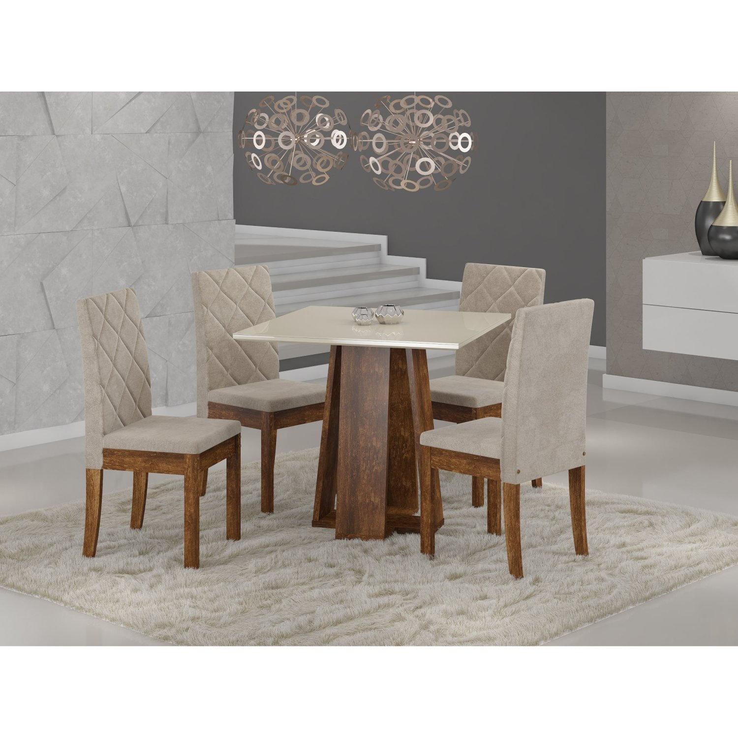 Conjunto Sala De Jantar Mesa Luci 90x90cm Tampo Vidro/mdf Com 4 Cadeiras Cristal Sonetto Móveis Rústico/off White