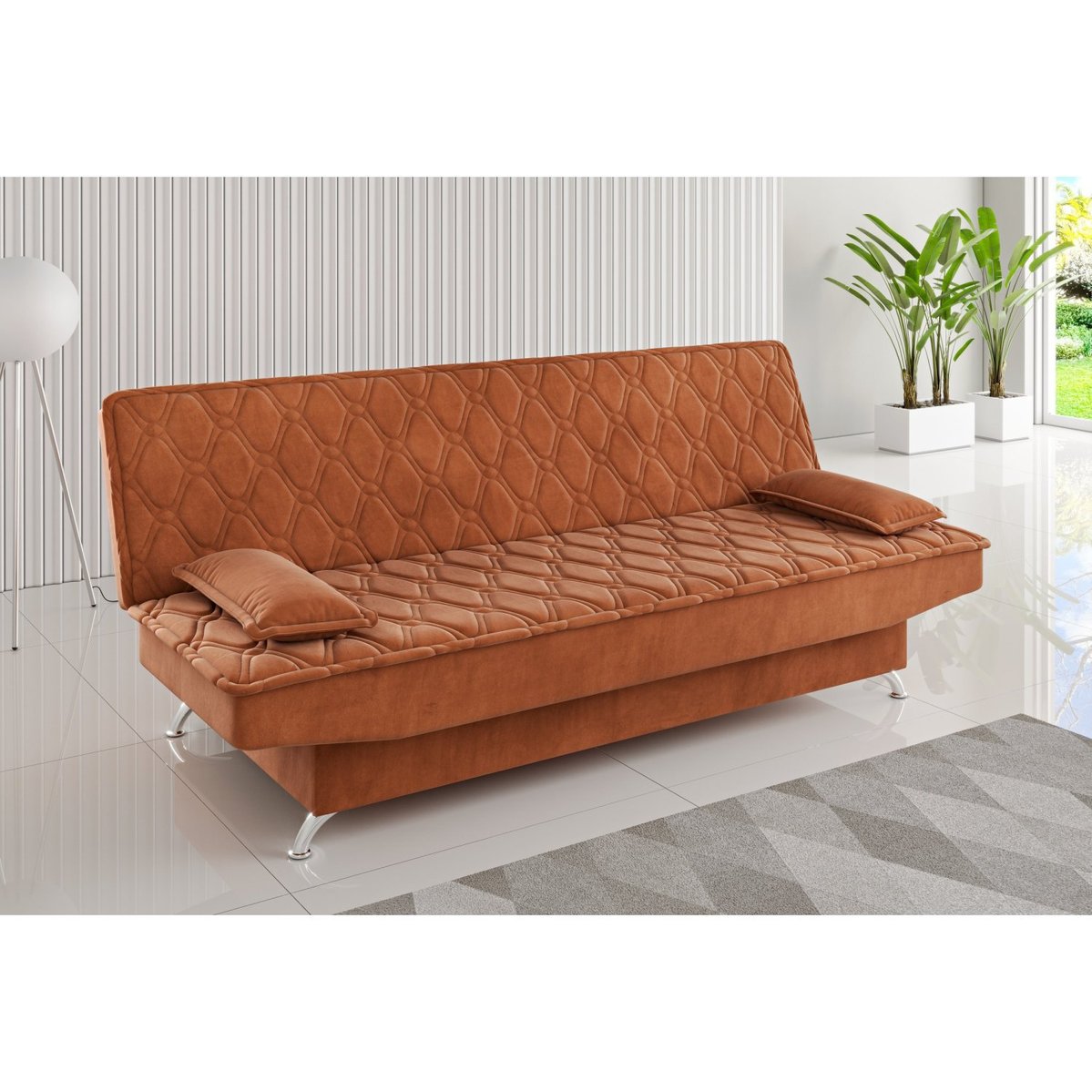 Sofa Cama Zenite 3 Lugares Reclinável Com 2 Almofadas Soltas Veludo Terragotta