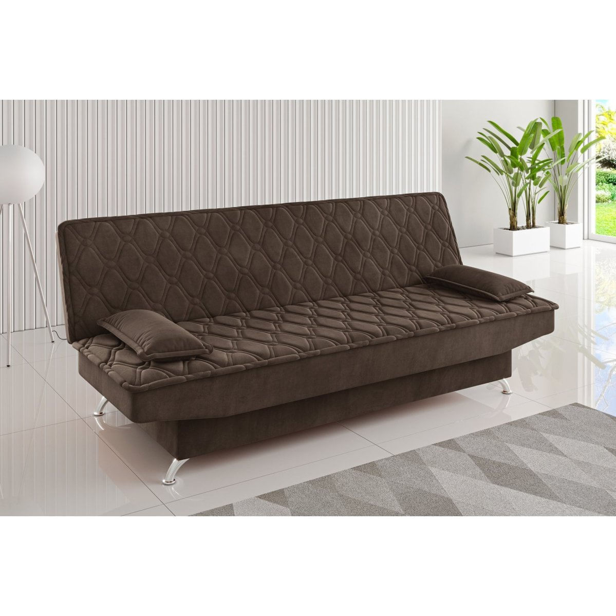 Sofa Cama Zenite 3 Lugares Reclinável Com 2 Almofadas Soltas Veludo Bombom