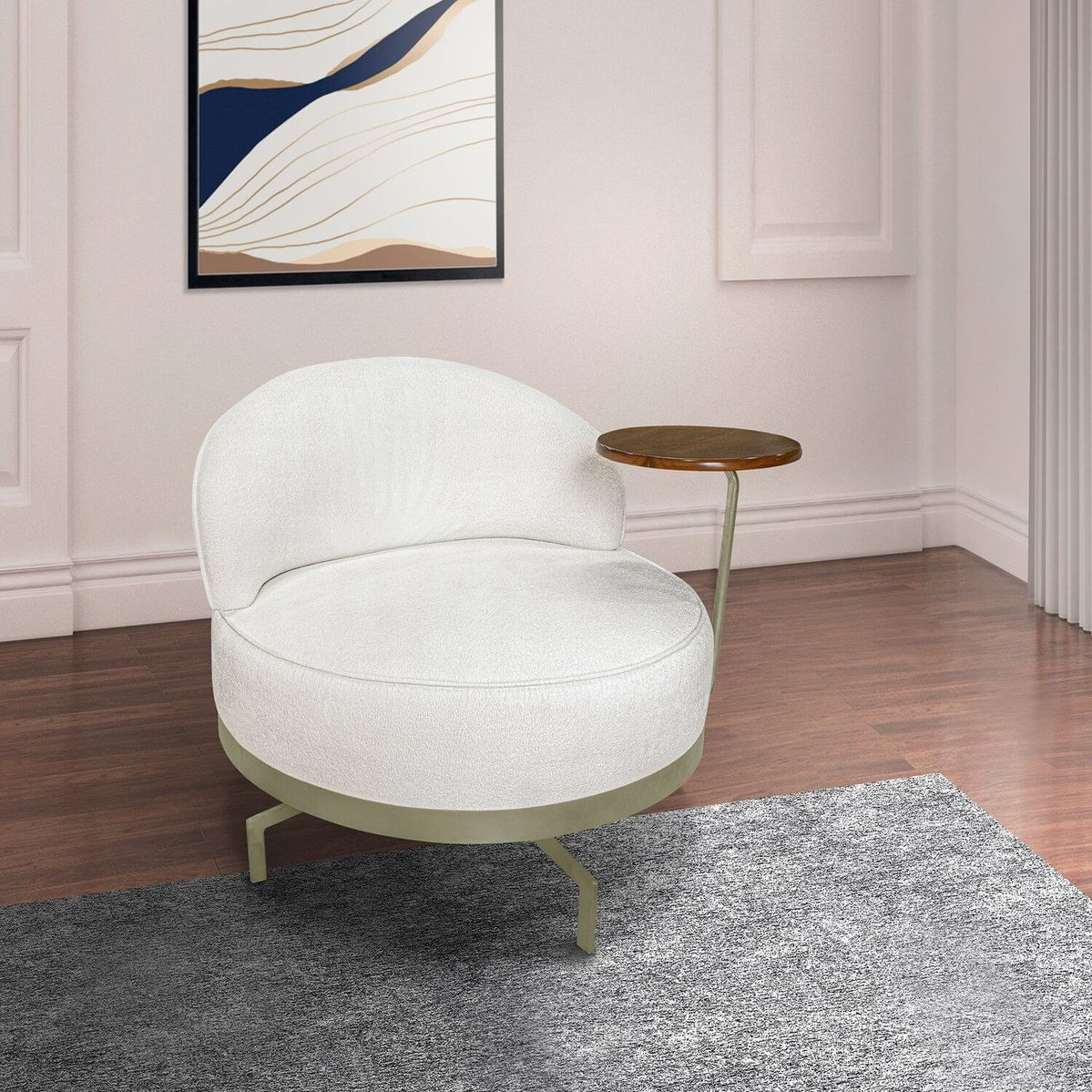 Poltrona Para Sala De Estar Normah Giratória Linho Boucle Off-white