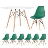 Mesa Redonda Eames 120 Cm Branco + 6 Cadeiras Eiffel Dsw Verde Escuro