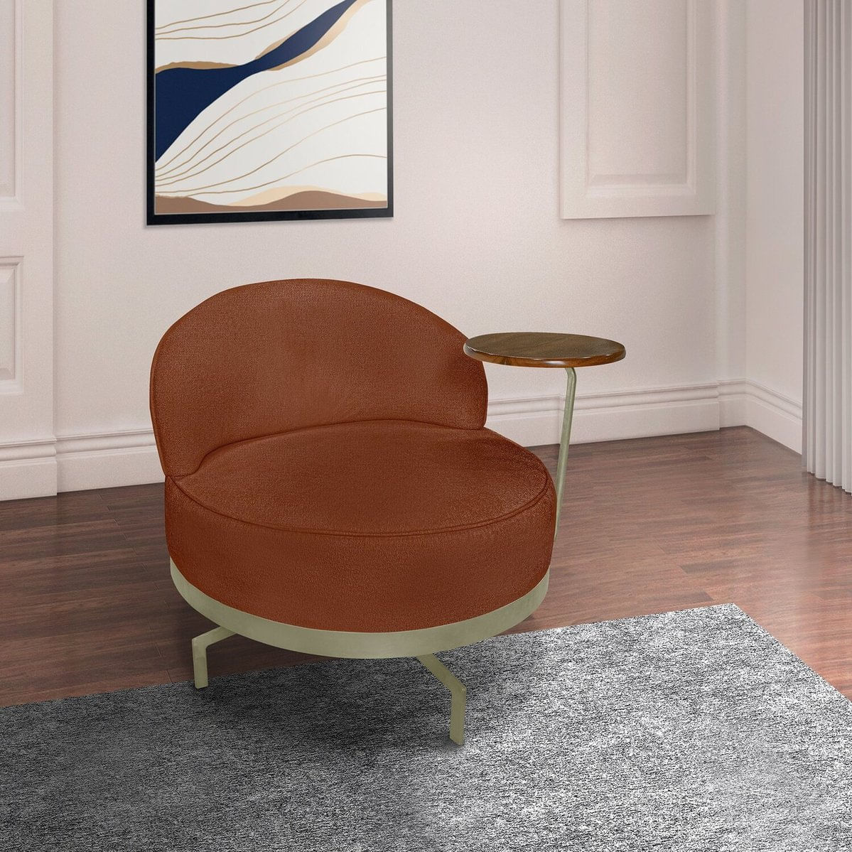 Poltrona Para Sala De Estar Normah Giratória Linho Boucle Terracota