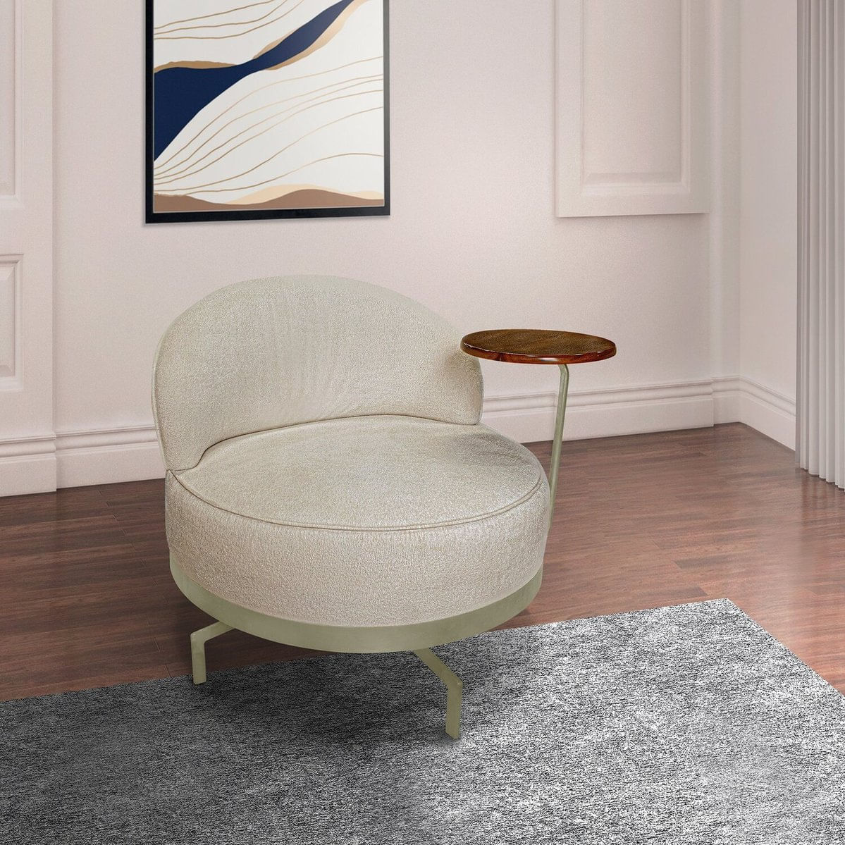 Poltrona Para Sala De Estar Normah Giratória Linho Boucle Bege