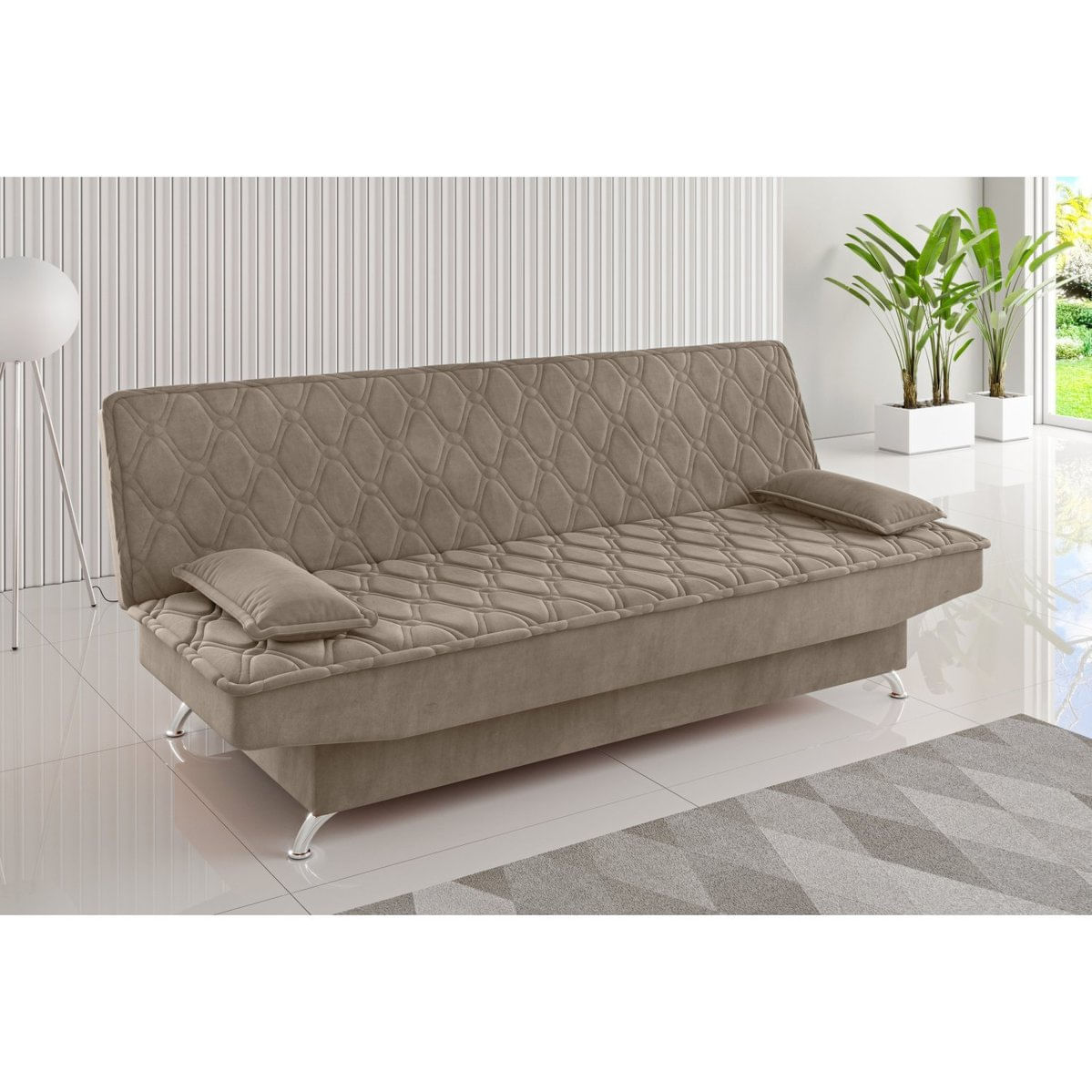 Sofa Cama Zenite 3 Lugares Reclinável Com 2 Almofadas Soltas Veludo Perola