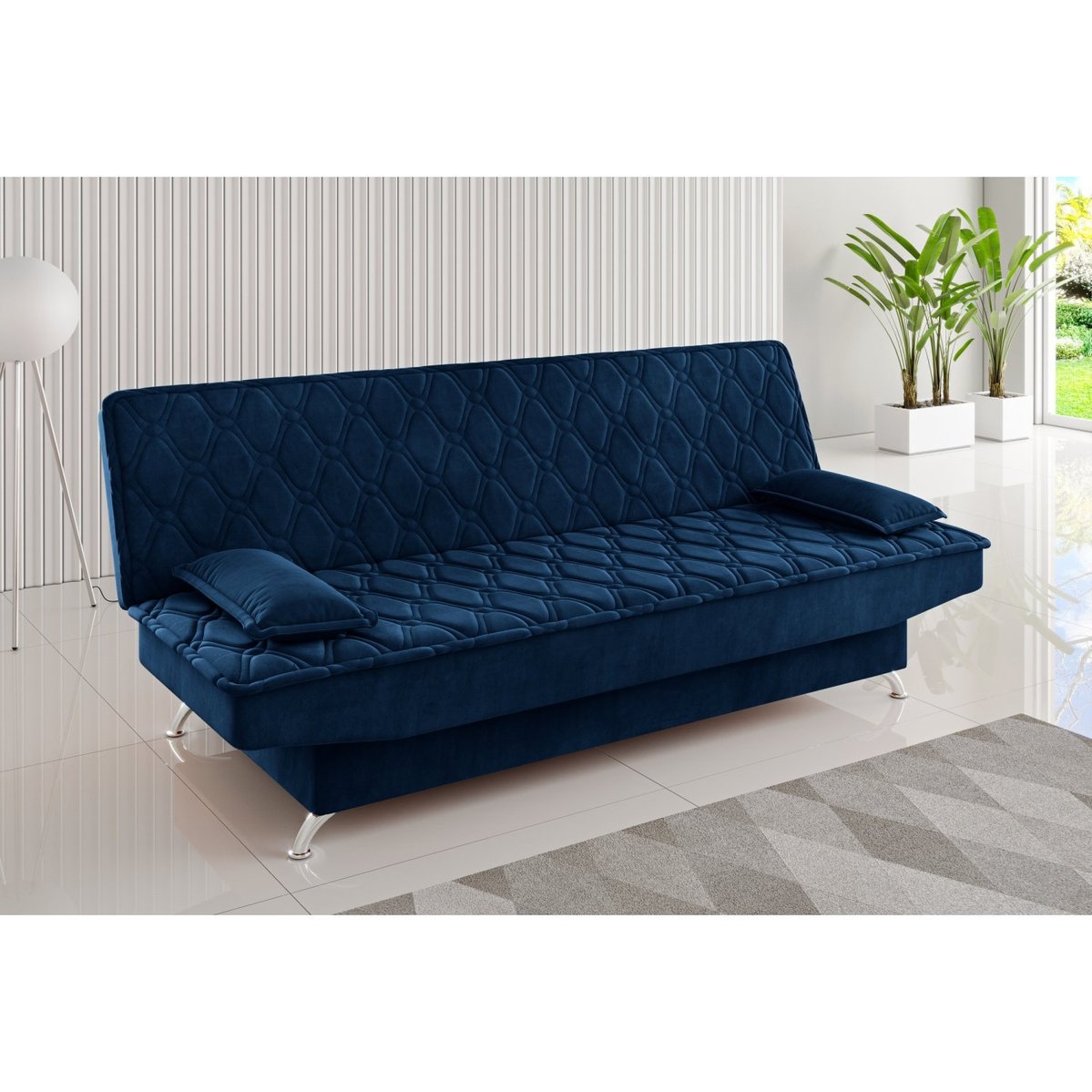 Sofa Cama Zenite 3 Lugares Reclinável Com 2 Almofadas Soltas Veludo Azul