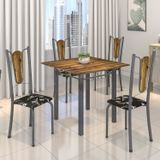 Conjunto De Mesa Tubular 75x75cm Tampo De Madeira Com 4 Cadeiras Júlia Soma Móveis Preto Floral/prata/madeira