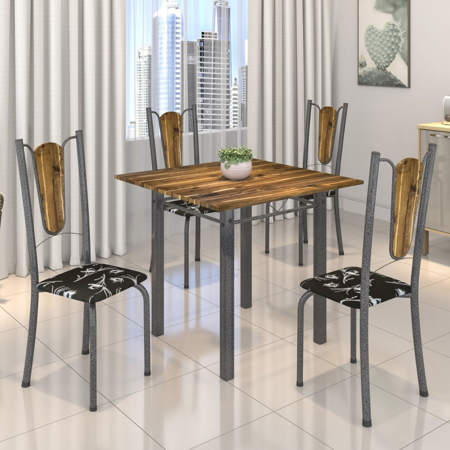 Conjunto De Mesa Tubular 75x75cm Tampo De Madeira Com 4 Cadeiras Júlia Soma Móveis Preto Floral/prata/madeira