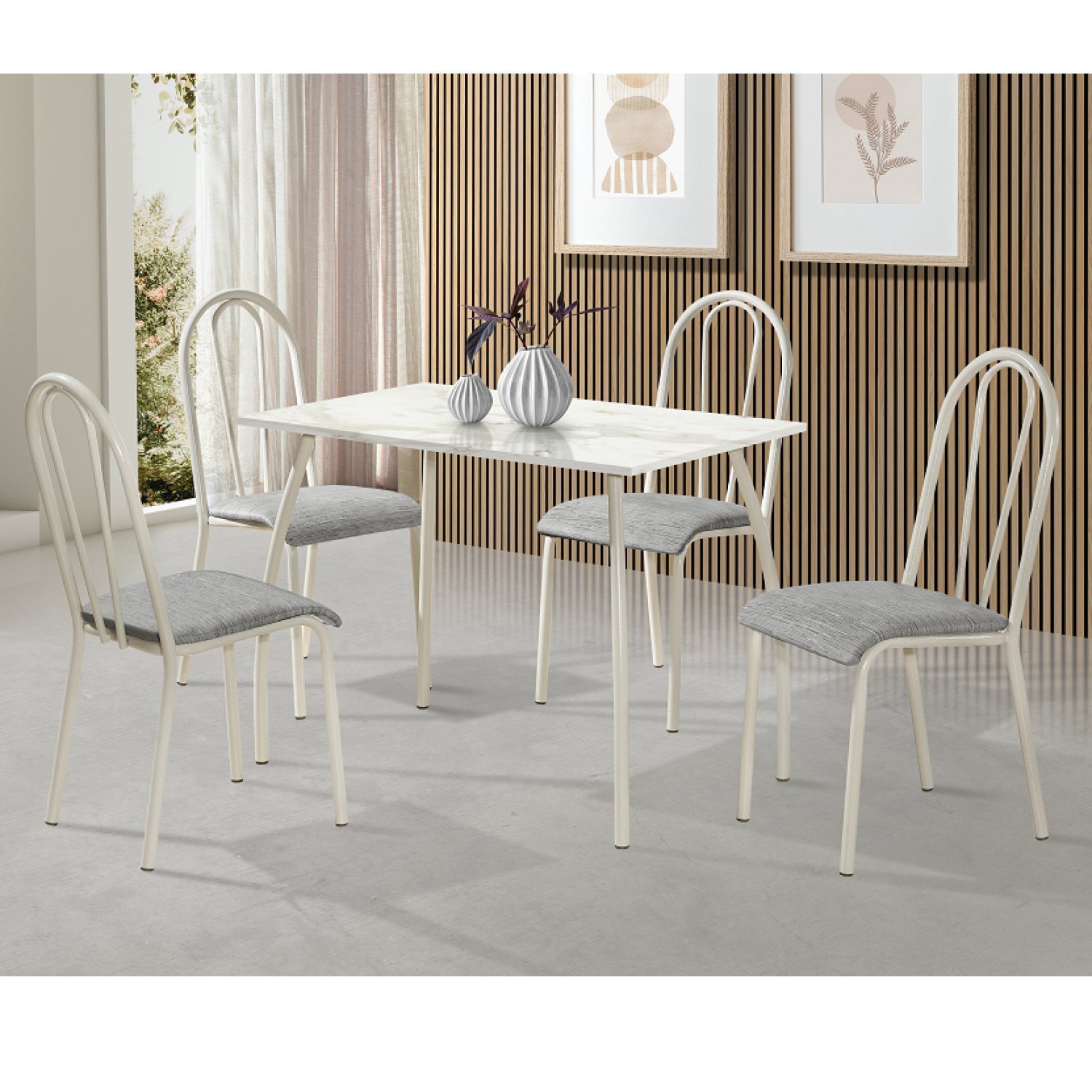 Conjunto Sala De Jantar Mesa 100x60cm Com 4 Cadeiras Flora Aço Nobre Móveis Cinza/off White