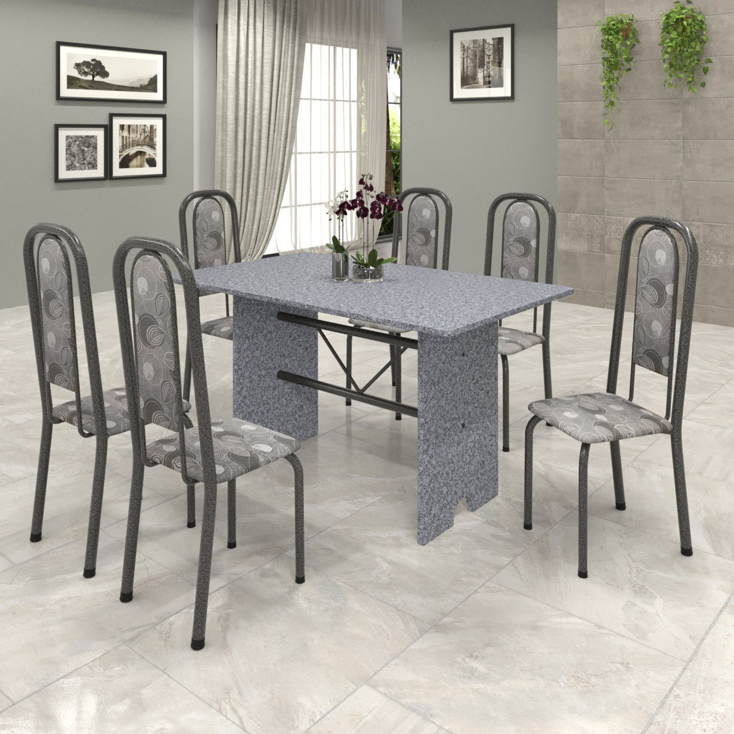 Conjunto De Mesa 140x75cm Tampo Granito Com 6 Cadeiras Lavínea Soma Móveis Martelado Prata/ocre/paraopeba