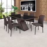 Conjunto Mesa 160x90cm Tampo Vidro 6 Cadeiras Barcelona Ciplafe Preto/linho Marrom