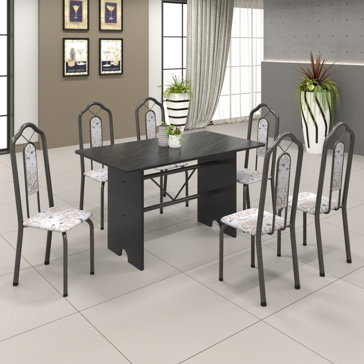 Conjunto De Mesa 140x75cm Tampo Ardósia Com 6 Cadeiras Bianca Soma Móveis Martelado Prata/ardosia Indiano/botanic Bege