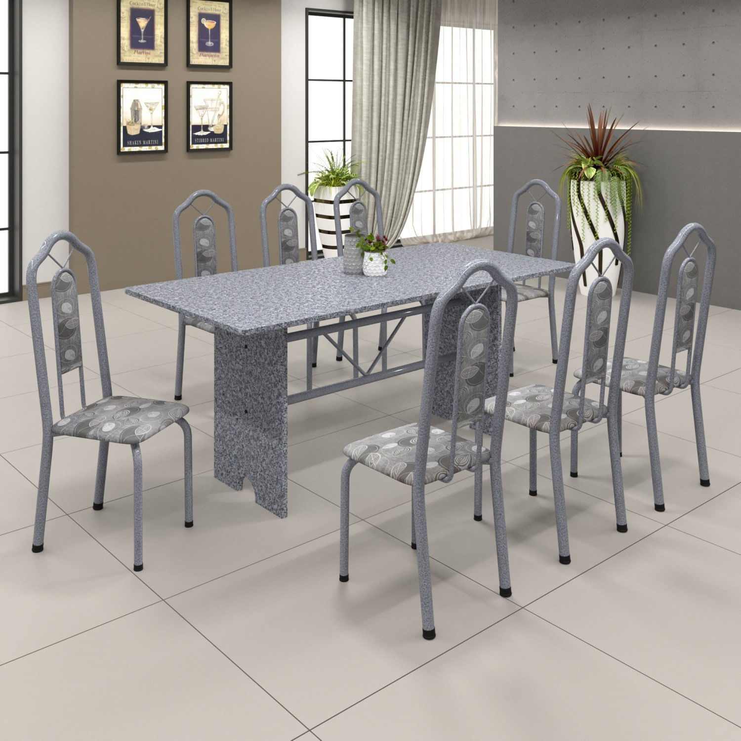 Conjunto De Mesa 180x75cm Tampo Granito Com 8 Cadeiras Bianca Soma Móveis Martelado Pérola/ocre/paraopeba