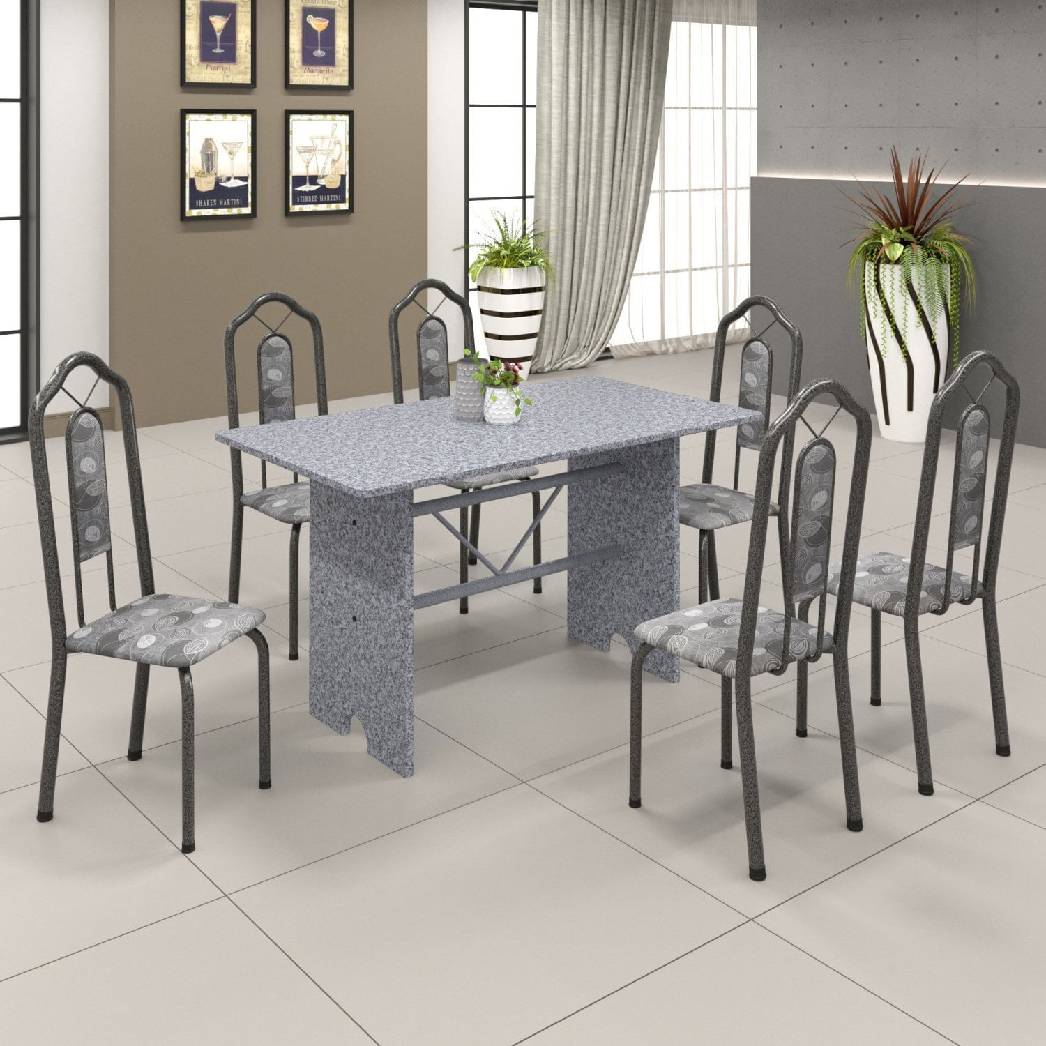 Conjunto De Mesa 140x75cm Tampo Granito Com 6 Cadeiras Bianca Soma Móveis Martelado Prata/granito Ocre/paraopeba