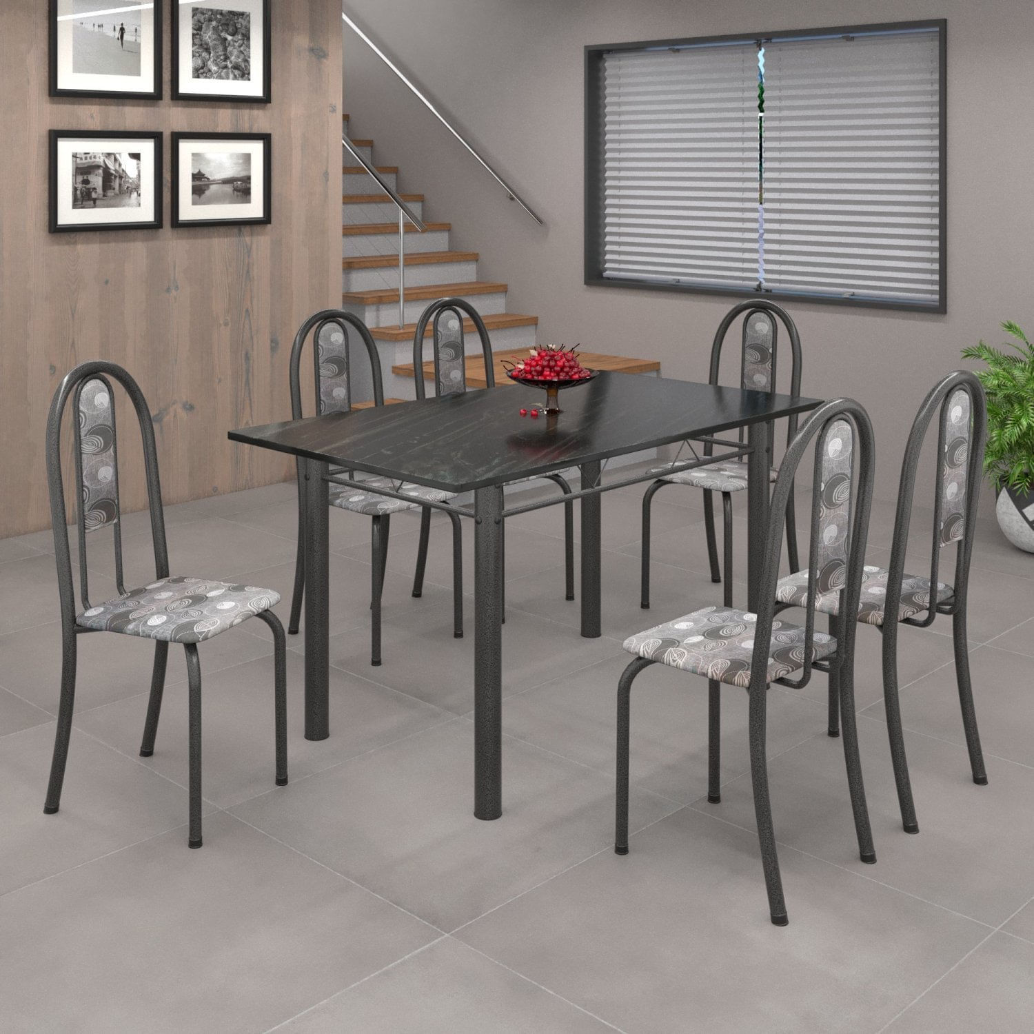 Conjunto De Mesa 140x75cm Tampo De Ardósia Com 6 Cadeiras Iris A Soma Móveis Paraopeba/martelado Prata/ardósia