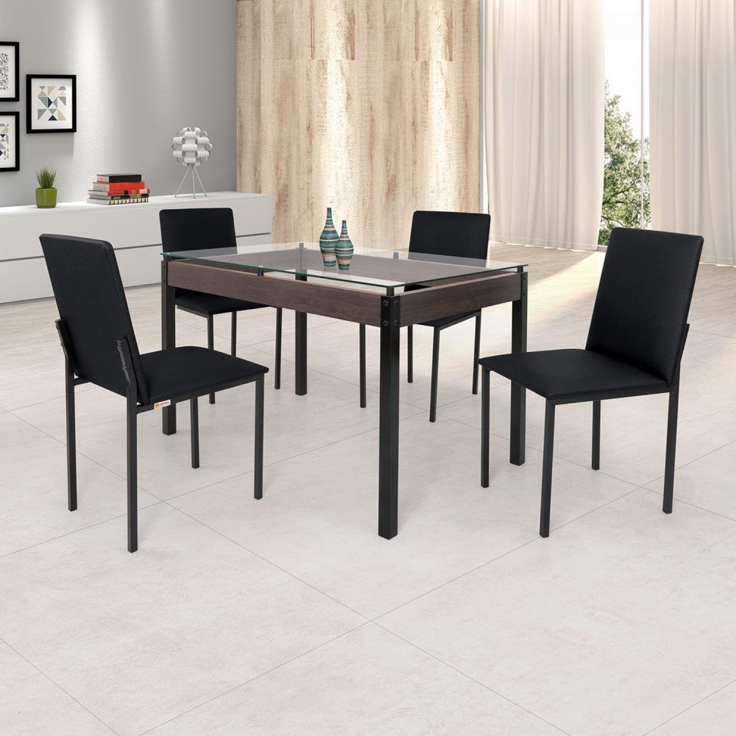 Conjunto Sala De Jantar Mesa Dubai 120x75cm Tampo Vidro Com 4 Cadeiras Ciplafe Preto/linho Preto