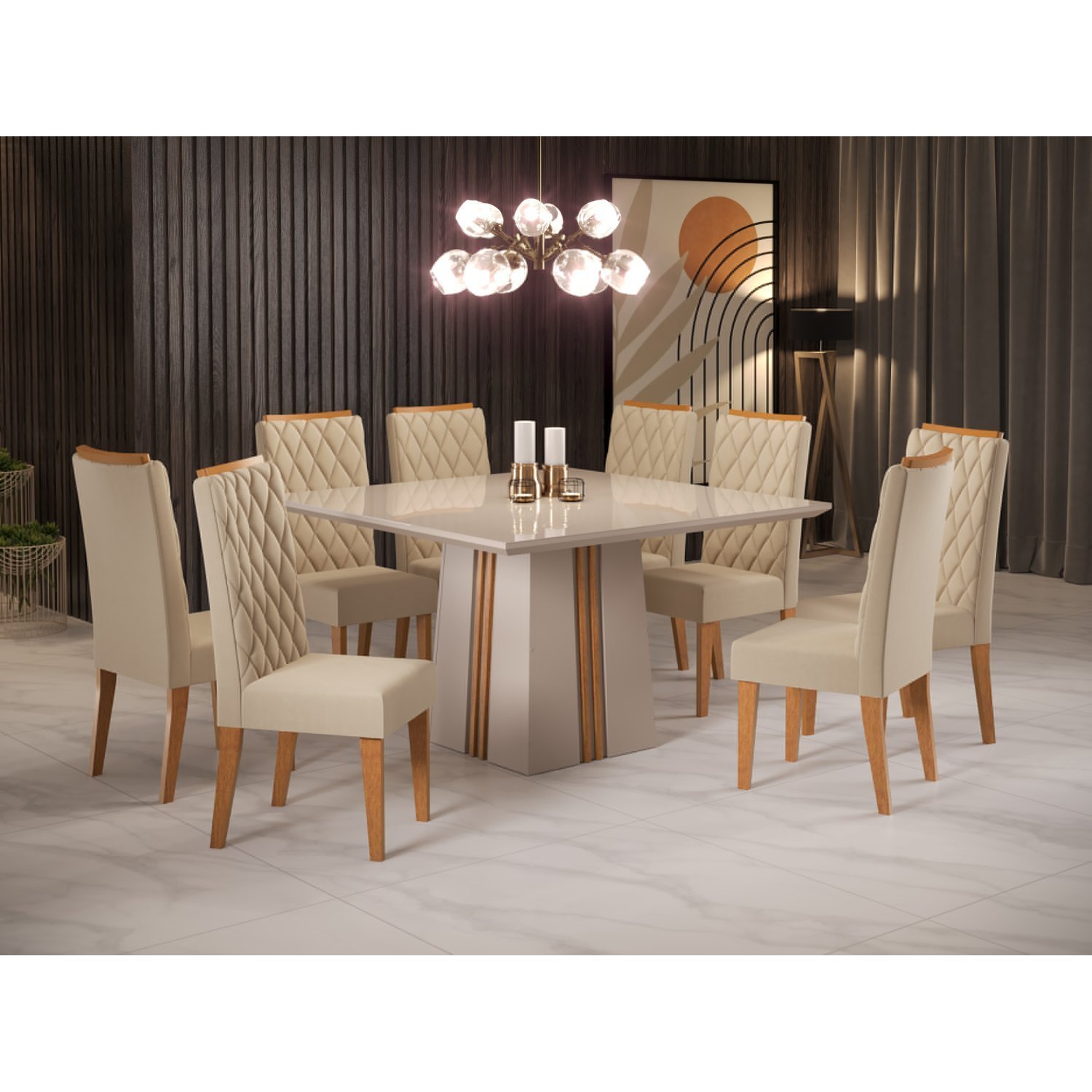 Conjunto Sala De Jantar Mesa Bela Com 8 Cadeiras Iza Viero Off White/mel/bege