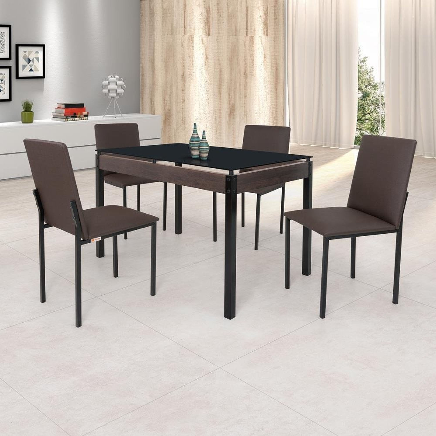 Conjunto Sala De Jantar Mesa Dubai 120x75cm Tampo Vidro Com 4 Cadeiras Ciplafe Preto/linho Marrom