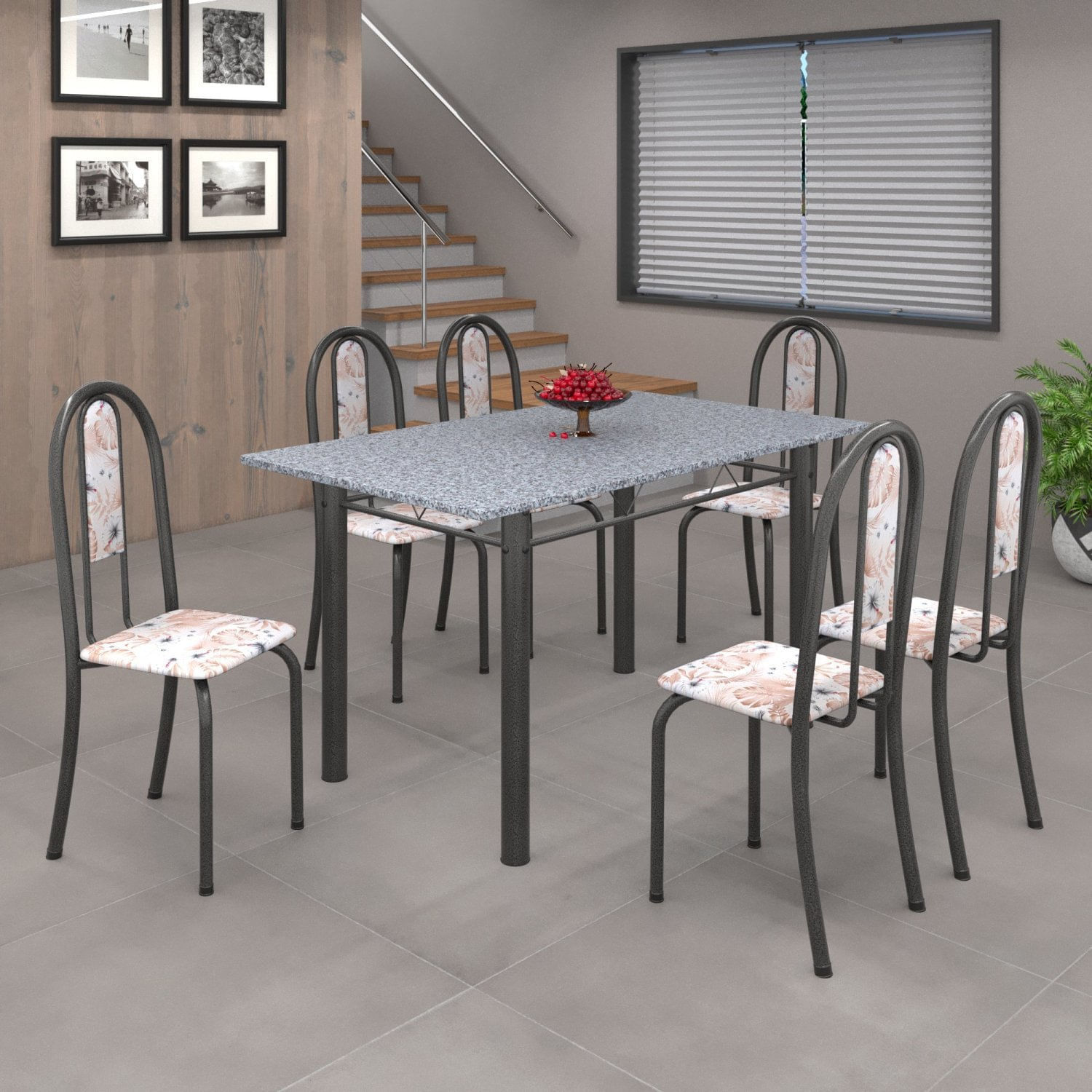 Conjunto De Mesa 140x75cm Tampo De Granito Com 6 Cadeiras Iris A Soma Móveis Botanic Bege/martelado Prata/granito