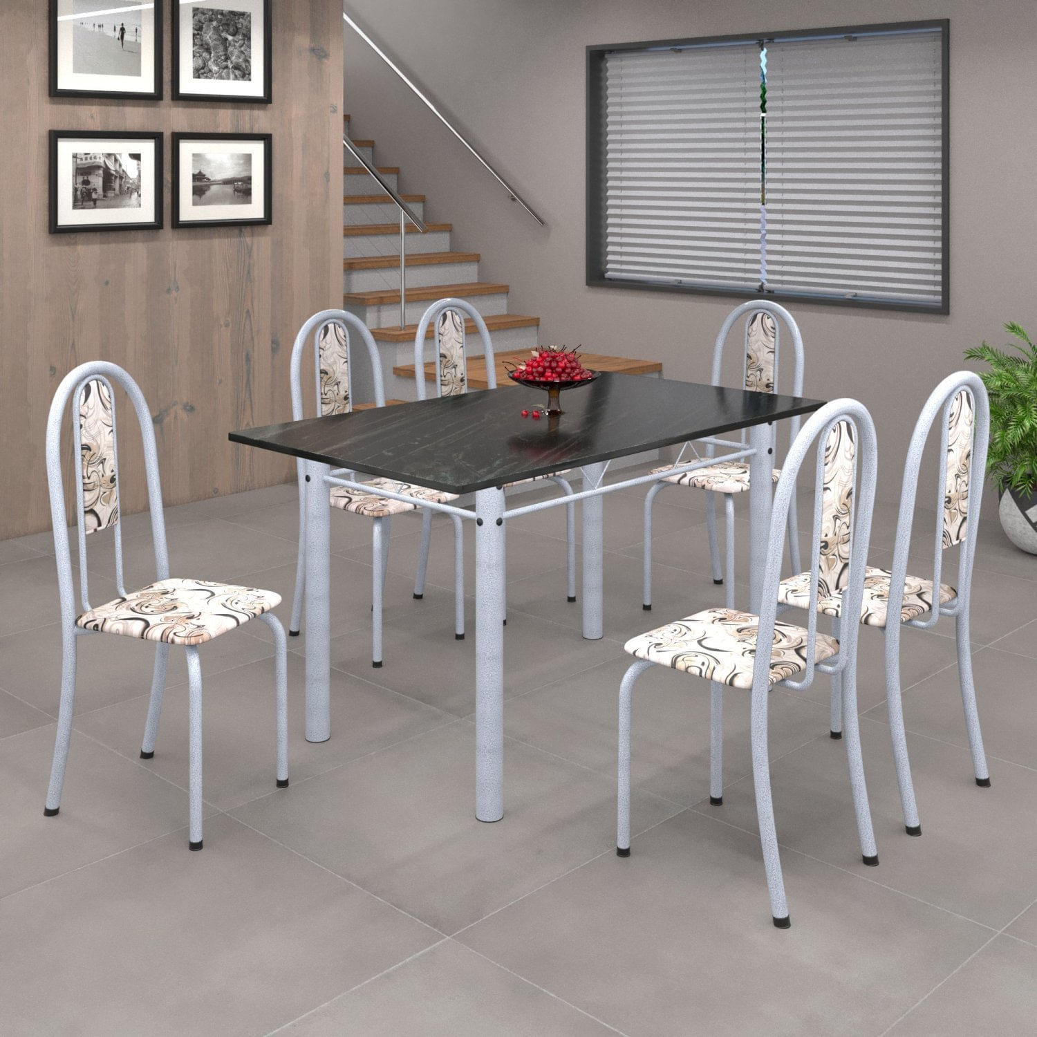 Conjunto De Mesa 140x75cm Tampo De Ardósia Com 6 Cadeiras Iris A Soma Móveis Arabesco/martelado Pérola/ardósia