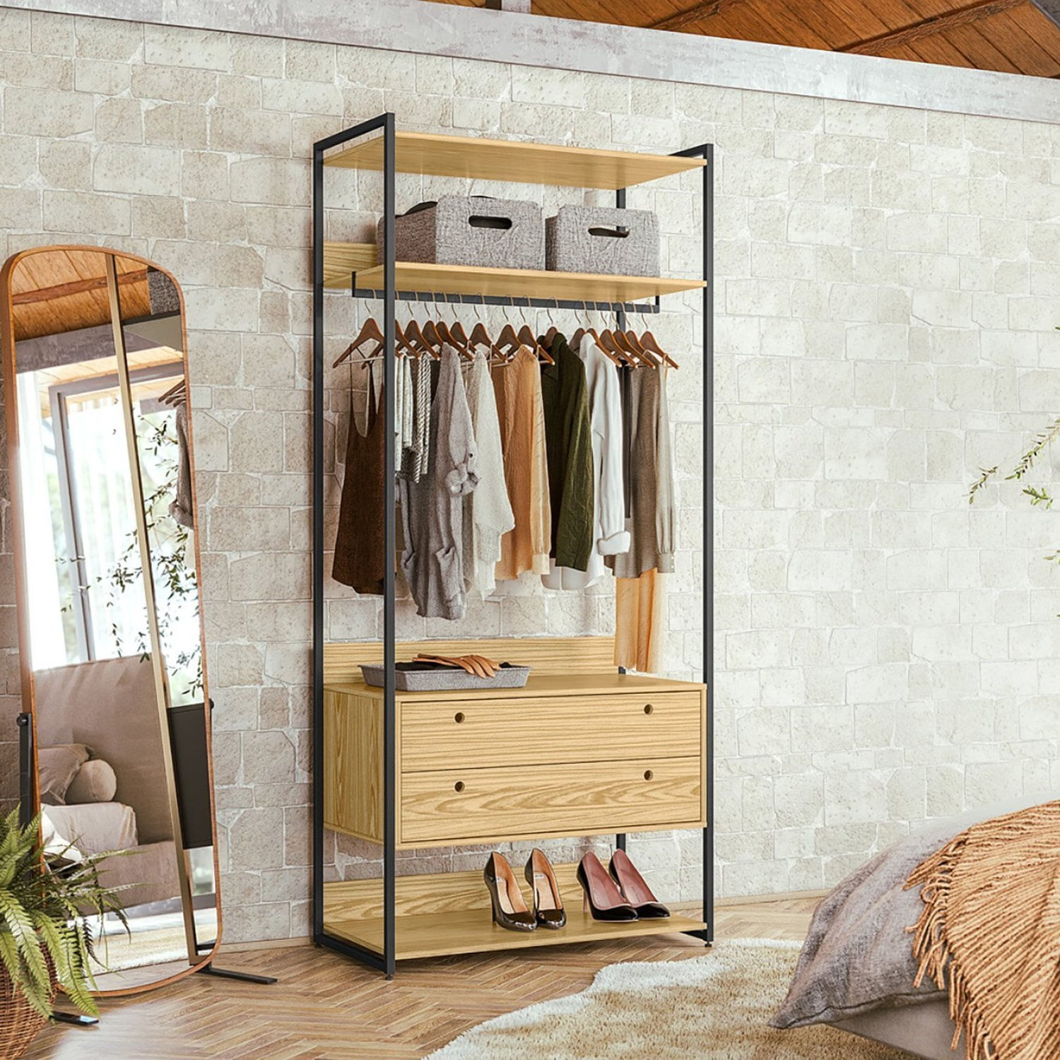 Guarda Roupa Closet Industrial Com Cabideiro 2 Gavetas Olivar Pinus