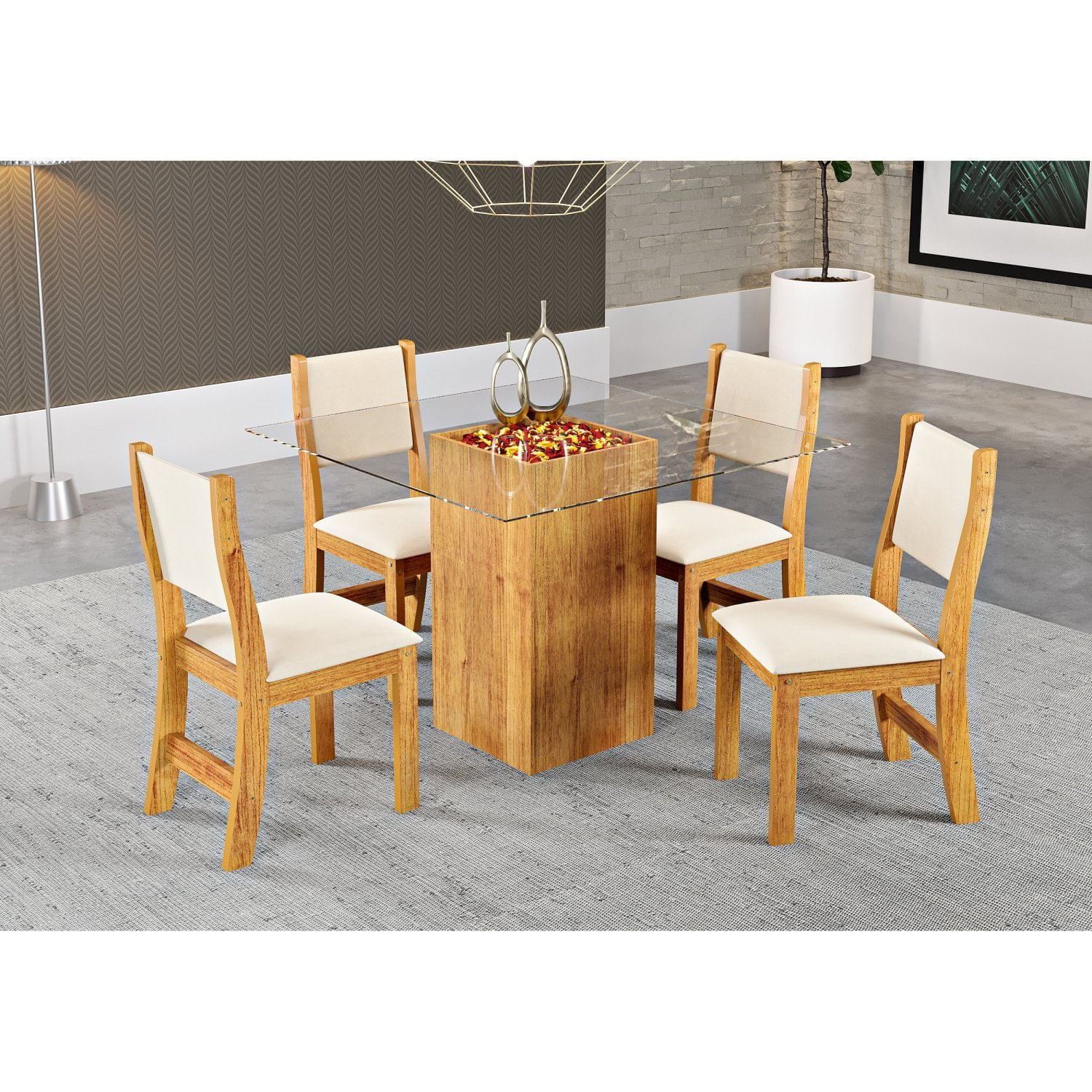 Conjunto Sala De Jantar Mesa Milao Tampo Vidro Com 4 Cadeiras Sol Viero Mel/creme