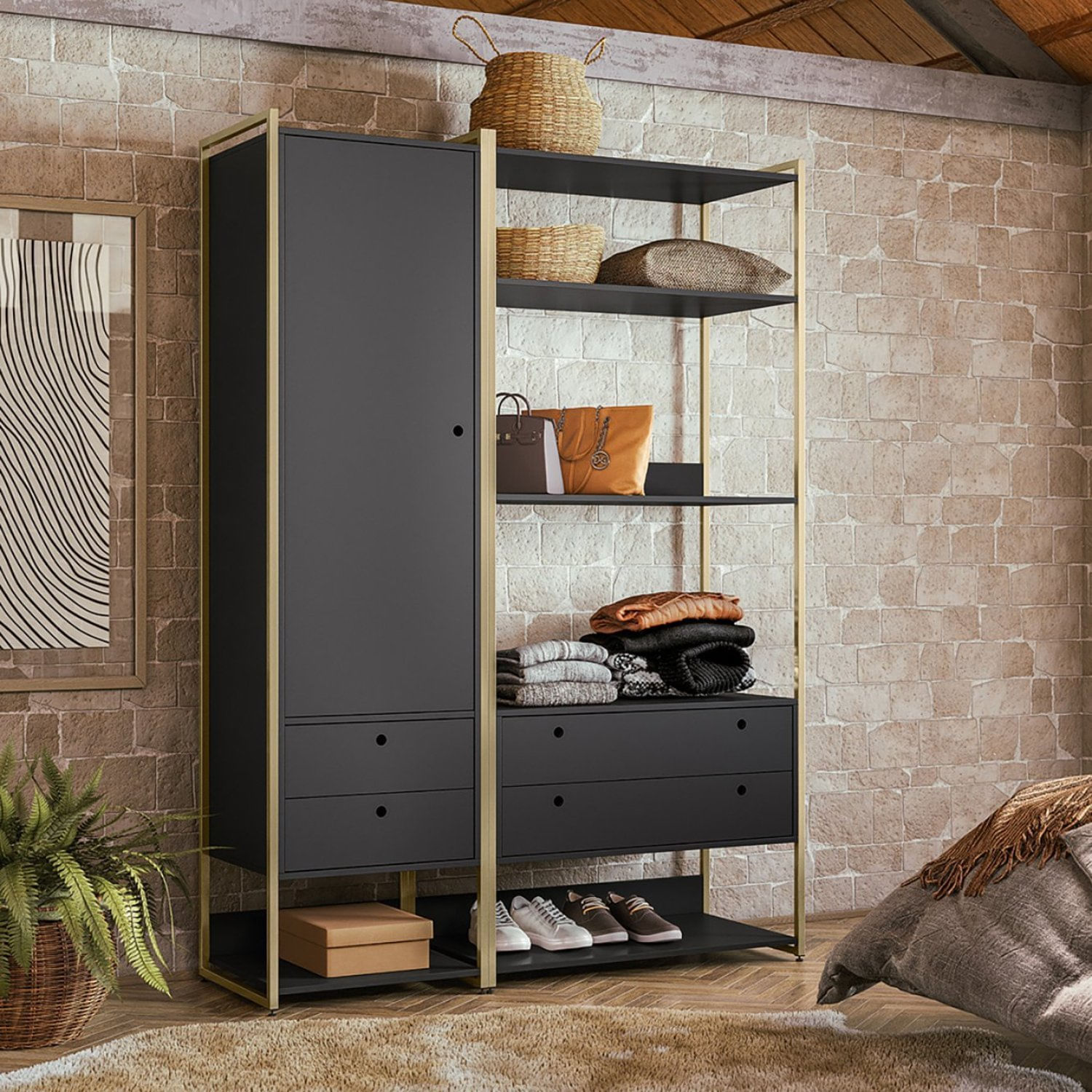 Guarda Roupa Closet Modulado Industrial 4 Gavetas Olivar Preto