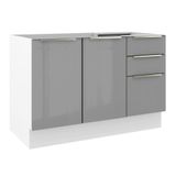 Balcão Gabinete De Pia 120cm 2 Portas 3 Gavetas Branco Cinza