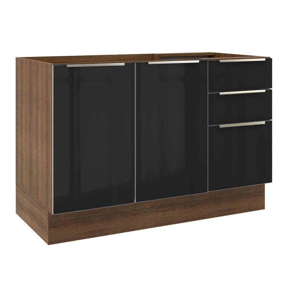 Balcão Gabinete De Pia 120cm 2 Portas 3 Gavetas Rustic Preto