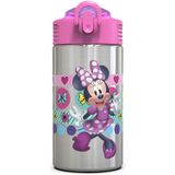 Zak Designs Disney Minnies Happy Helpers - Garrafa De Água De Aço Inoxidável Com Tampa De Ação De Operação De Uma Mão E Loop De Transporte Embutido,
