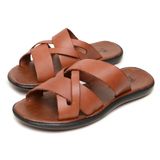 Sandalia Chinelo Em Couro Masculino Confortavel Tiras Grossa Trançada Liso Solado Borracha