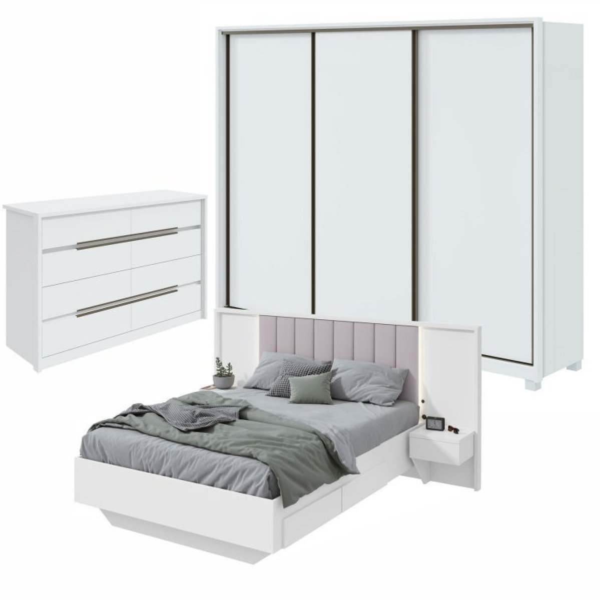 Quarto Com Guarda-roupa 3 Portas 6 Gavetas,  cômoda Urban 8 Gavetas E Cama Solaris Branco