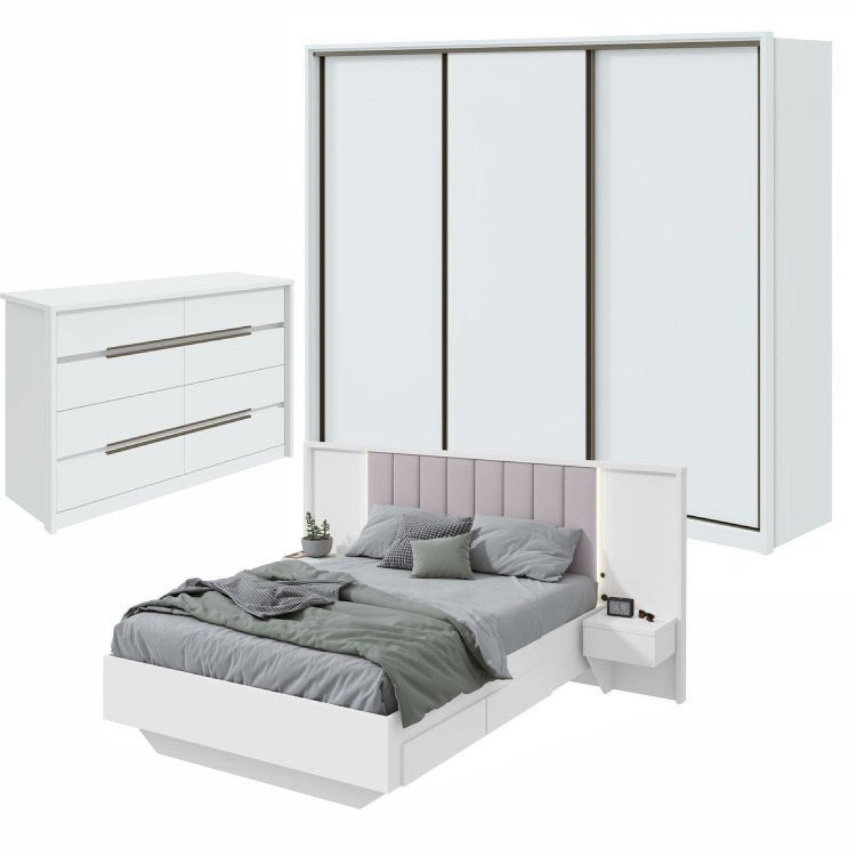 Quarto Com Guarda-roupa 3 Portas 6 Gavetas, Cômoda Urban 8 Gavetas E Cama Solaris Branco