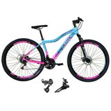 Bicicleta Aro 29 Absolute Hera Feminina Alumínio 21 Marchas Câmbios Shimano Freio a Disco Azul-Rosa 17