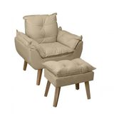 Poltrona/cadeira Decorativa E Puff Glamour Bege Linho Com Pés Quadrado Bege Linho