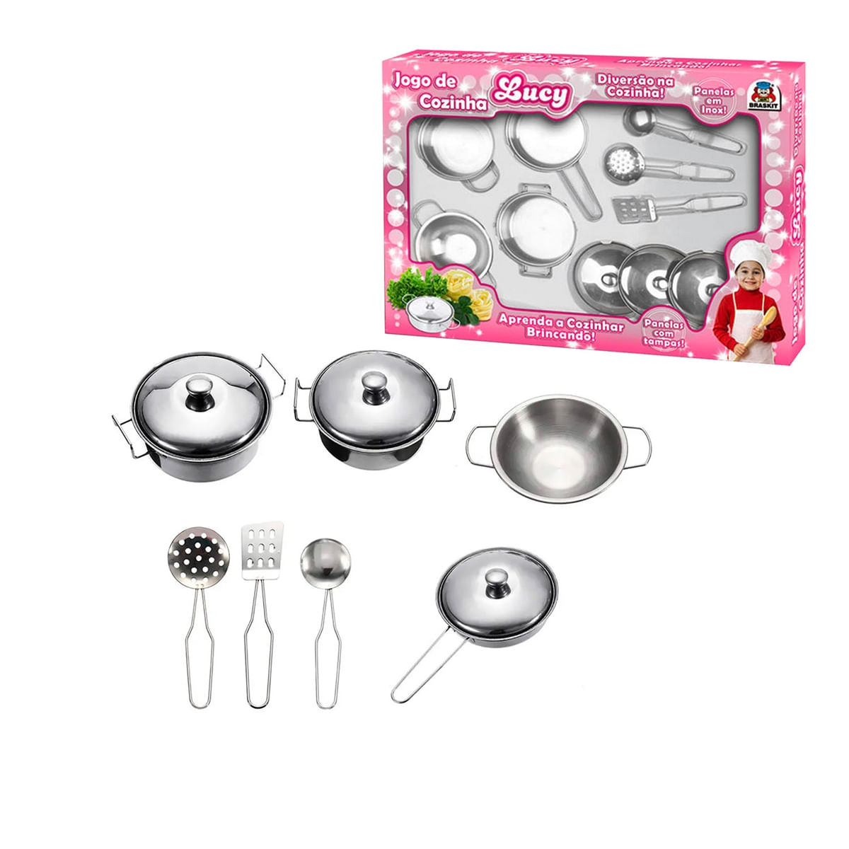 Jogo De Cozinha Infantil Braskit Lucy Inox Com Tampas Prata