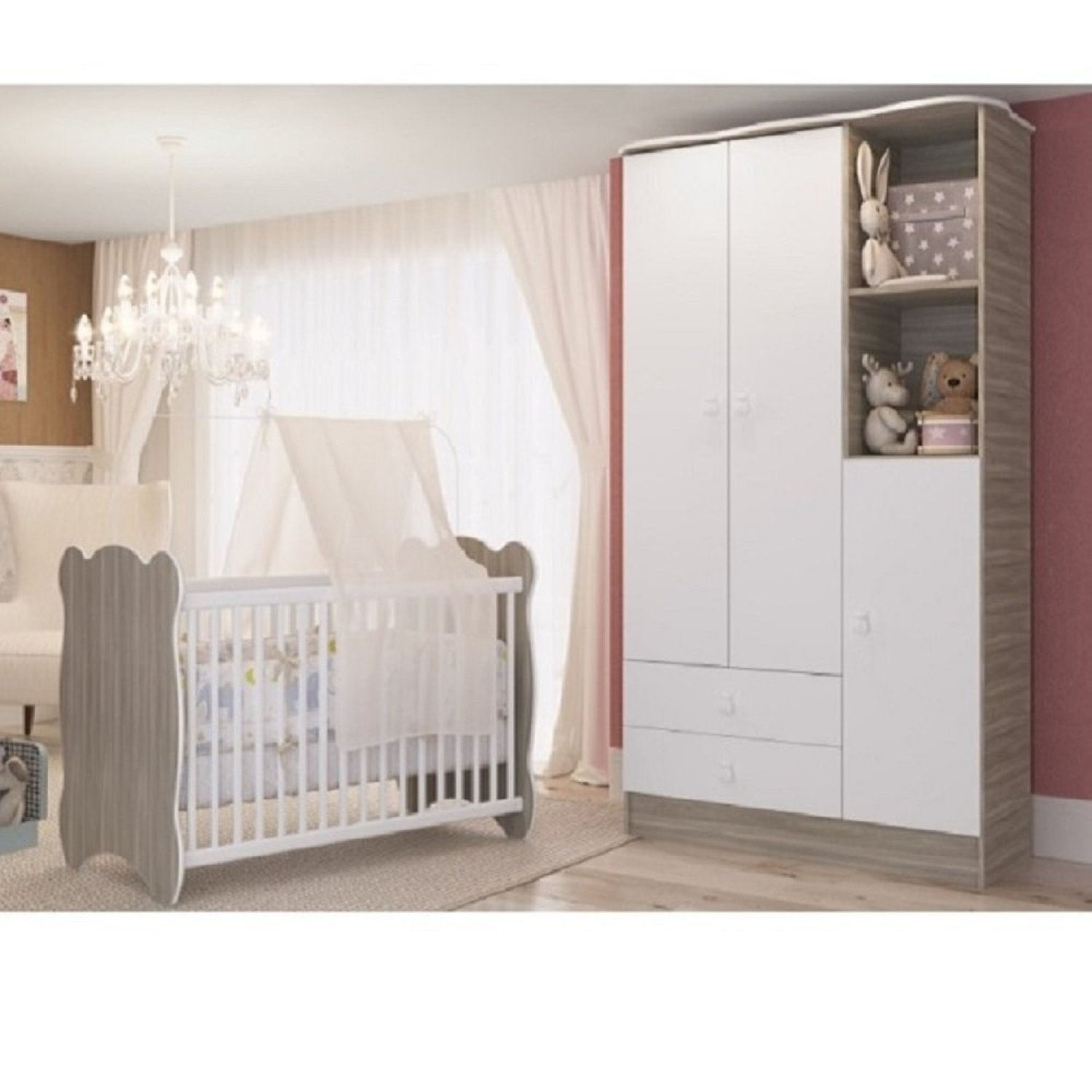 Quarto De Bebê Completo Berço Com Guarda Roupa 3 Portas 2 Gavetas 2 Nichos Algodão Doce Móveis Perca Fresno/branco