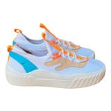 Tênis Feminino Casual Sneaker Chunky Cadarço Solado Branco - Branco - Branco/laranja - 38