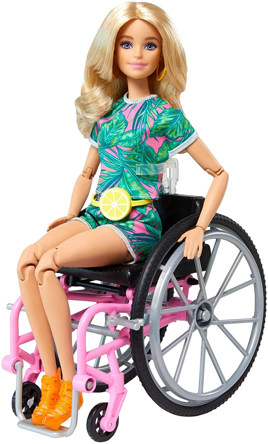 Barbie Fashionistas Doll 165, Com Cadeira De Rodas E Cabelos Loiros Longos Vestindo Romper Tropical, Sapatos Laranja E Fanny De Limão, Brin