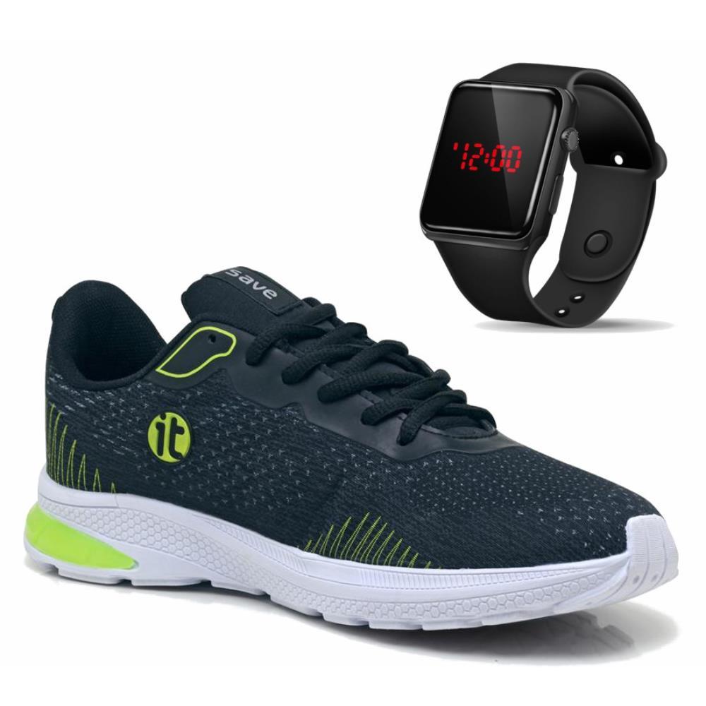 Tênis Caminhada Masculino Academia + Relógio Digital Led Esportivo Preto/verde 43