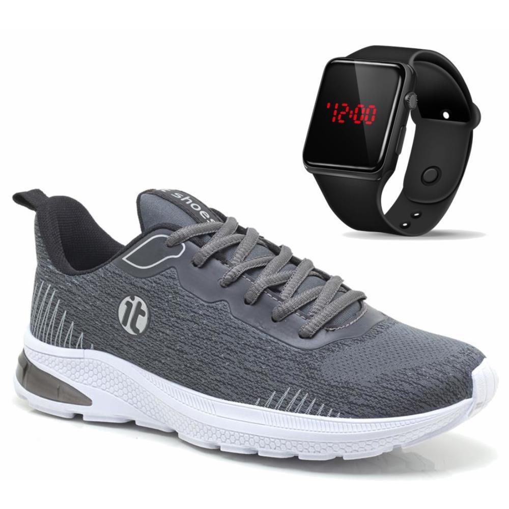 Tênis Caminhada Masculino Academia + Relógio Digital Led Esportivo Grafite/cinza 39