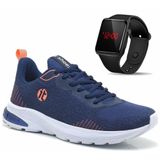 Tênis Caminhada Feminino Academia + Relógio Digital Led Esportivo Azul/salmão 37