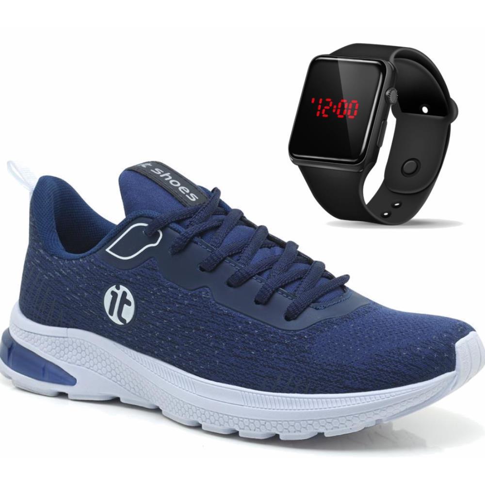 Tênis Caminhada Masculino Academia + Relógio Digital Led Esportivo Azul Marinho/cinza 43