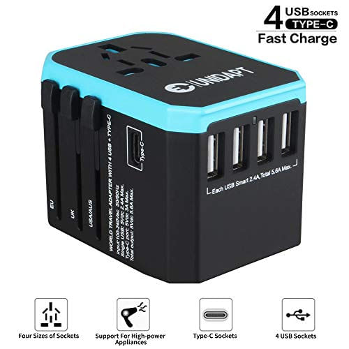 Adaptador De Viagem Universal Unidapt Com Inteligência Energética De 5,6a E Usb Tipo C De 3,0a, Converte Plugues Dos Eua Para Ue, A