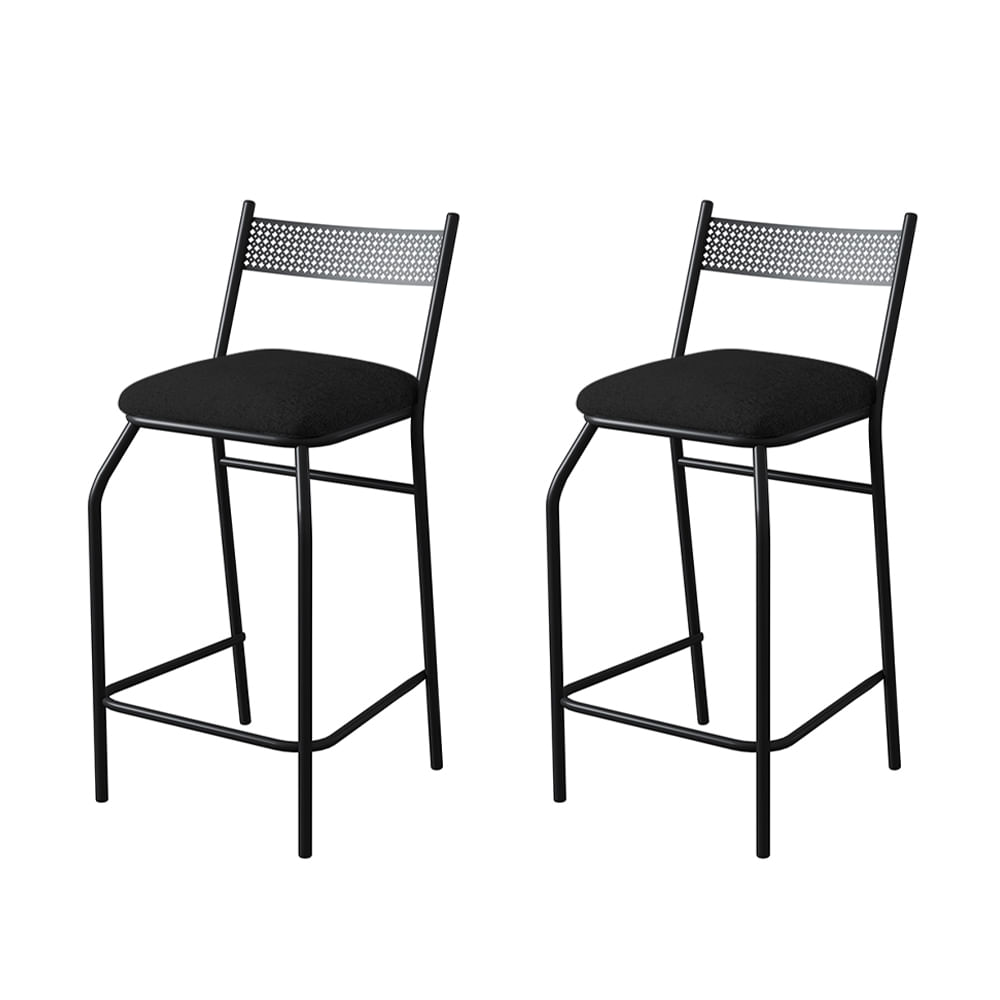 Kit 2 Banquetas Industrial Com Encosto Base Aço Preto Assento Preto Acapulco