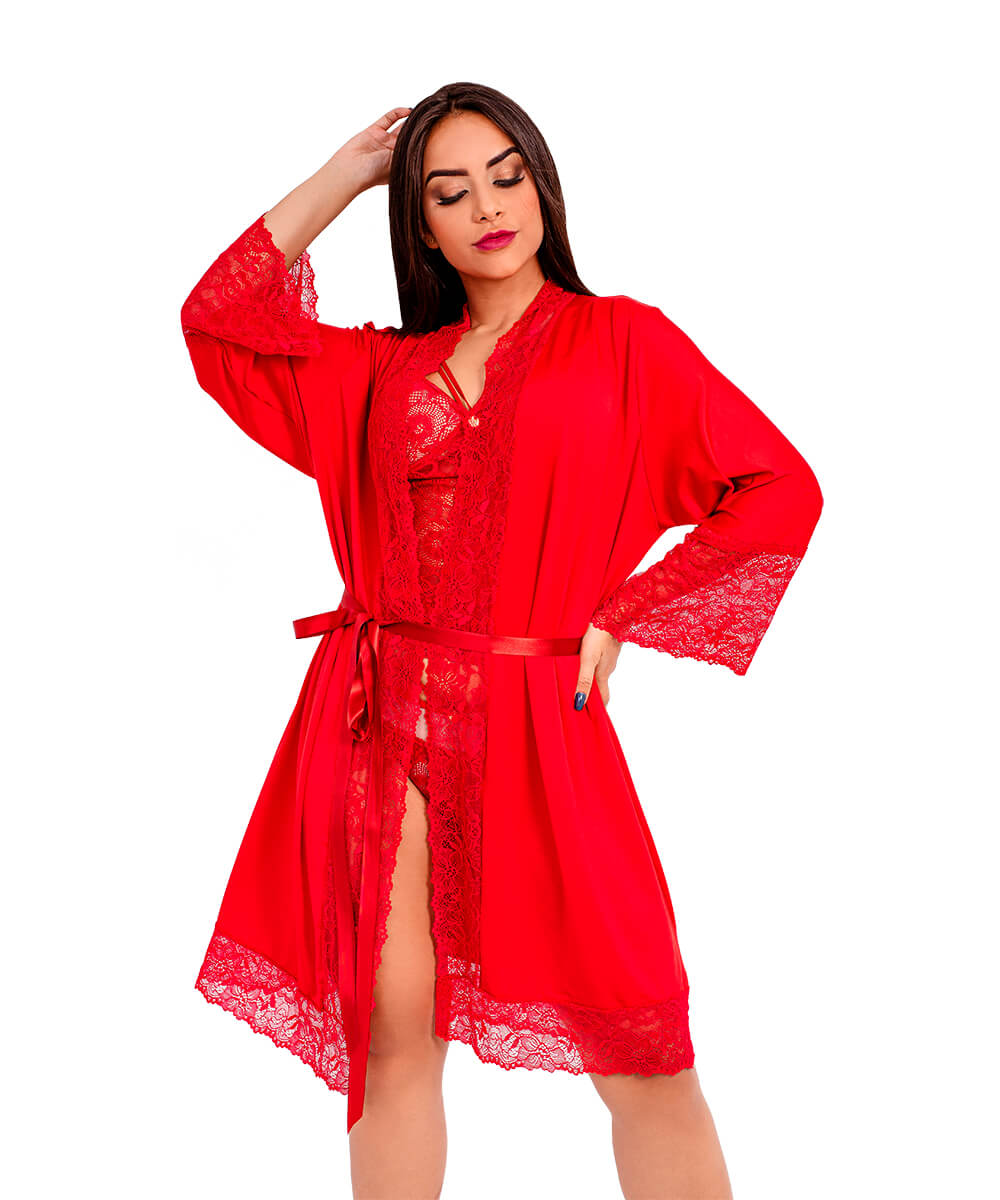 Robe Imi Lingerie Manga Longa Microfibra Renda Luxo Plus Size